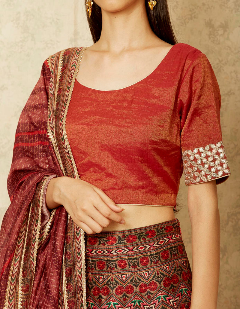 Maroon Lehenga Set with a Lehriya Dupatta