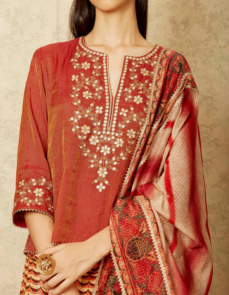 Beige and Maroon Chintz Printed Lehenga Set with a Belt