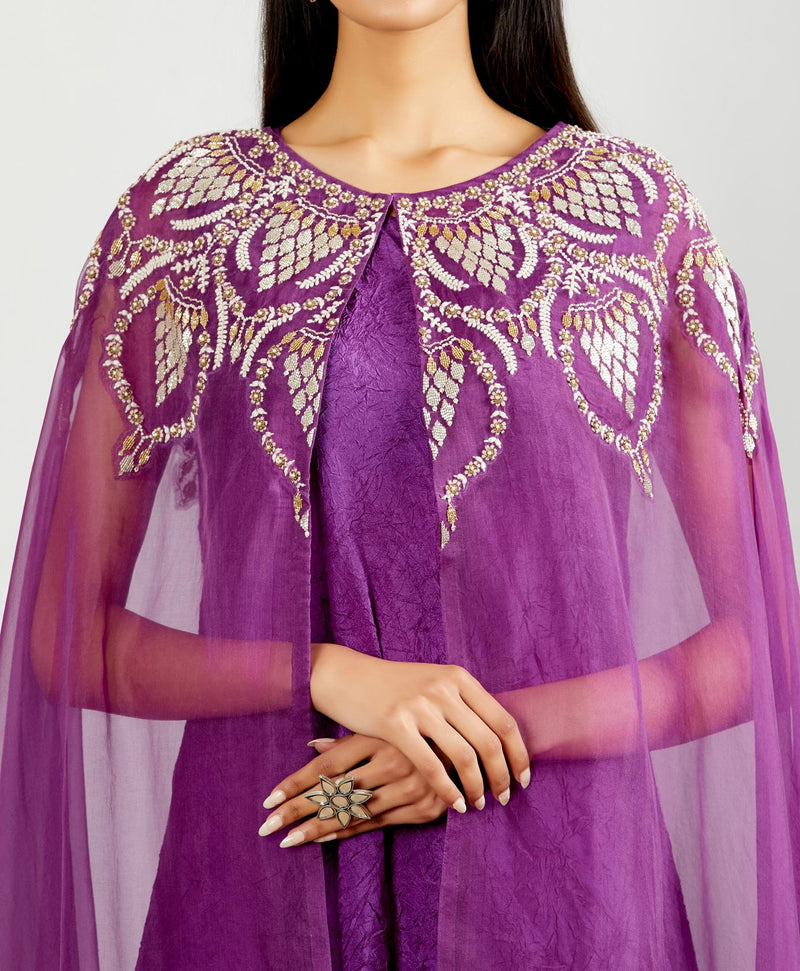 Purple Crinkle Dress Paired With Cape