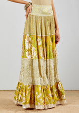 Textured Elasticated Sleeveless Top In Beige Paired With Print And Tiered Skirt
