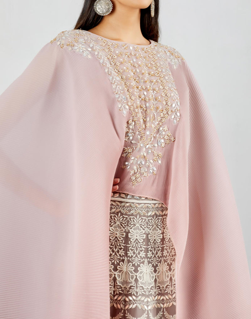 Blush Pink Gotta Patti Chikankari Embroidered Poncho Dress With Shaded Crinkle Cape