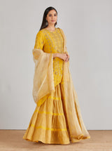 Yellow Hand Embellished High Low Tunic with Gold Lurex Tiered Sharara and Organza Dupatta