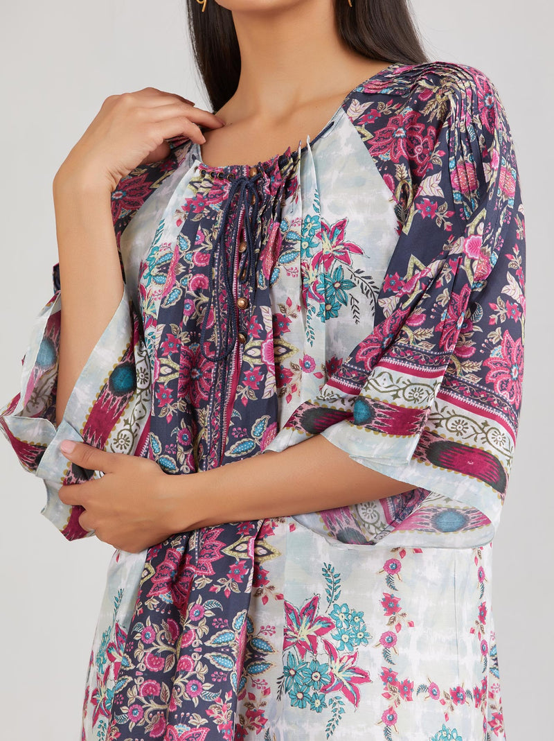 Multicolor Printed Dress with Bell Sleeves