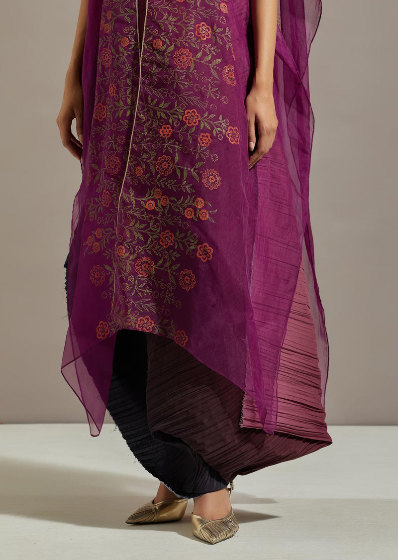 Wine Organza Printed Cape With Dress