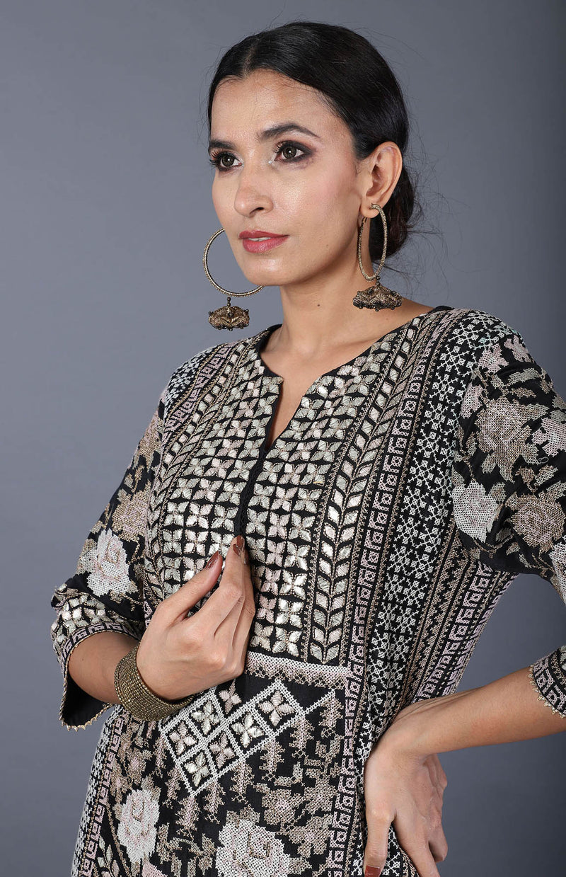 Black Cross Stitch Embroidered And Gota Work Kurta Set
