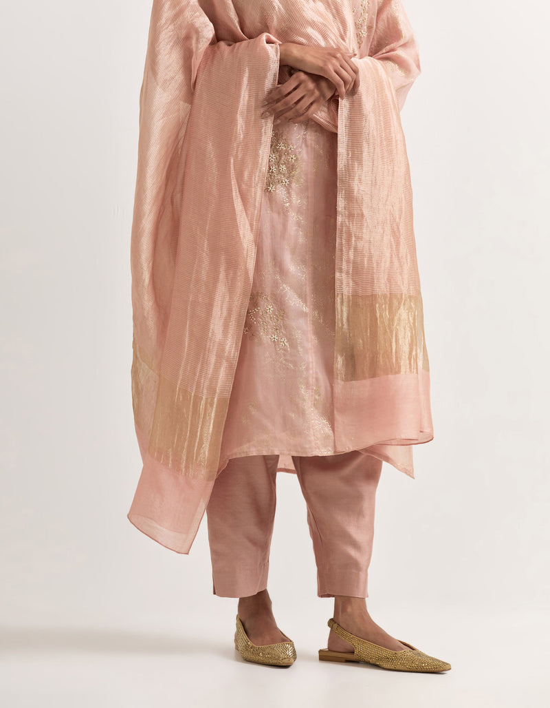 Pink Kurta Set In Organza and Tissue and Chanderi