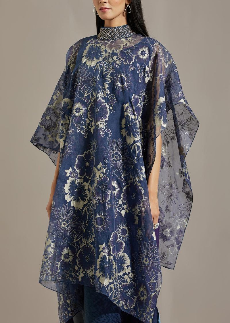 Dark Blue Organza Printed Cape With Dress