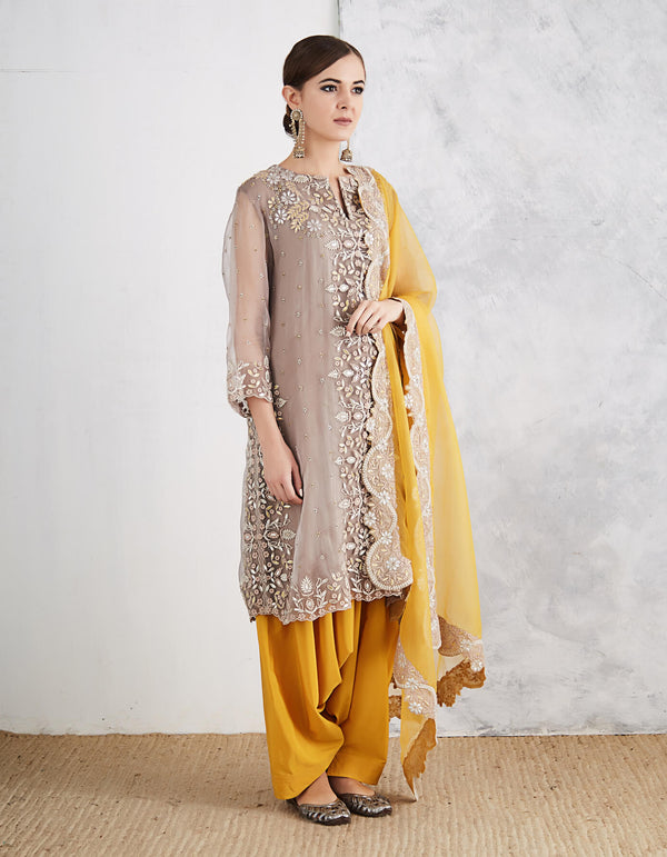 Taupe and Mustard Embroidered Salwar Set