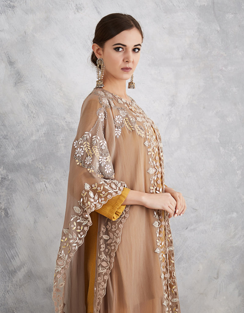 Taupe and Mustard Embroidered Cape Set