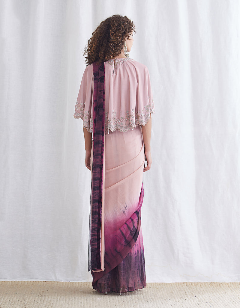 Pink and Burgundy Cape Saree Set