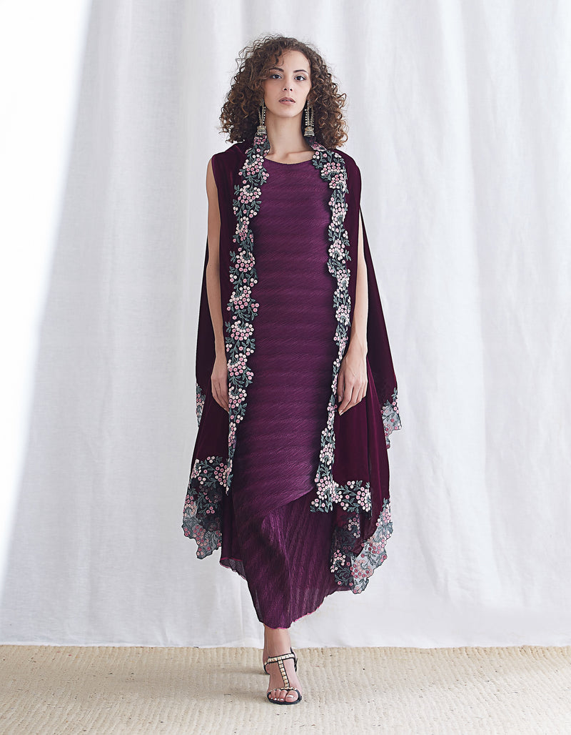 Burgundy Velvet Crinkled Cape Dress