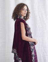 Burgundy Velvet Crinkled Cape Dress