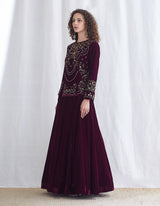 Burgundy Velvet Embroidered Tunic with Skirt