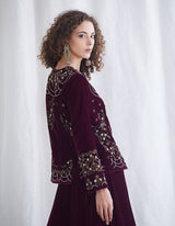 Burgundy Velvet Embroidered Tunic with Skirt