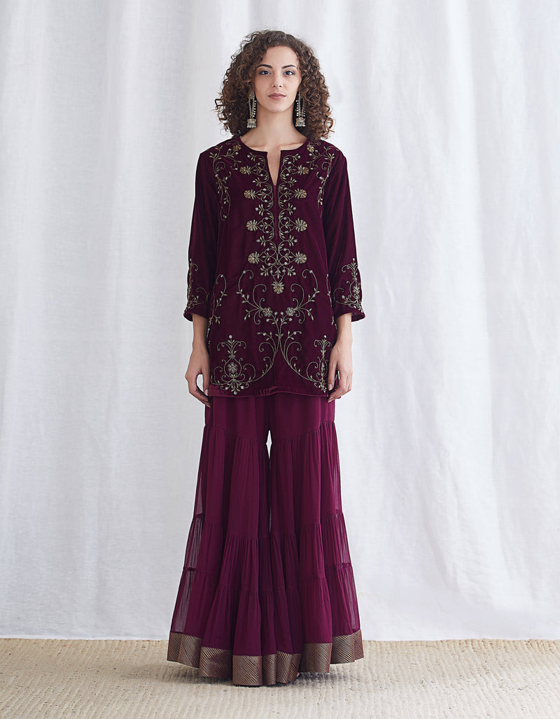 Burgundy Embroidered Sharara Set
