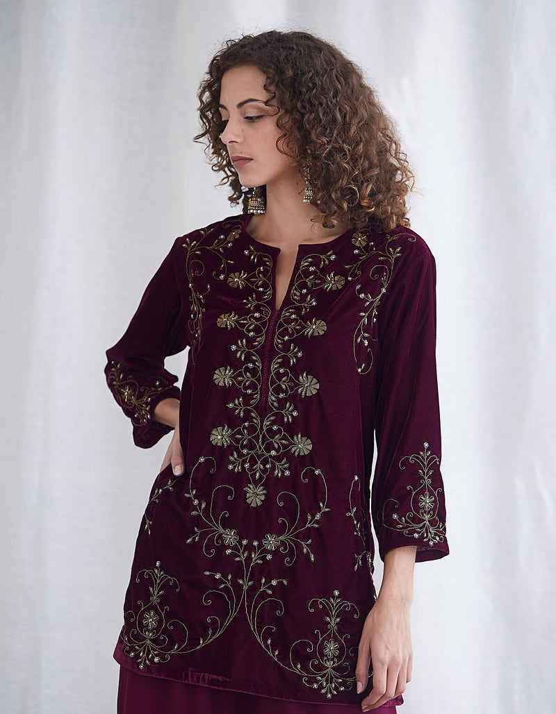 Burgundy Embroidered Sharara Set