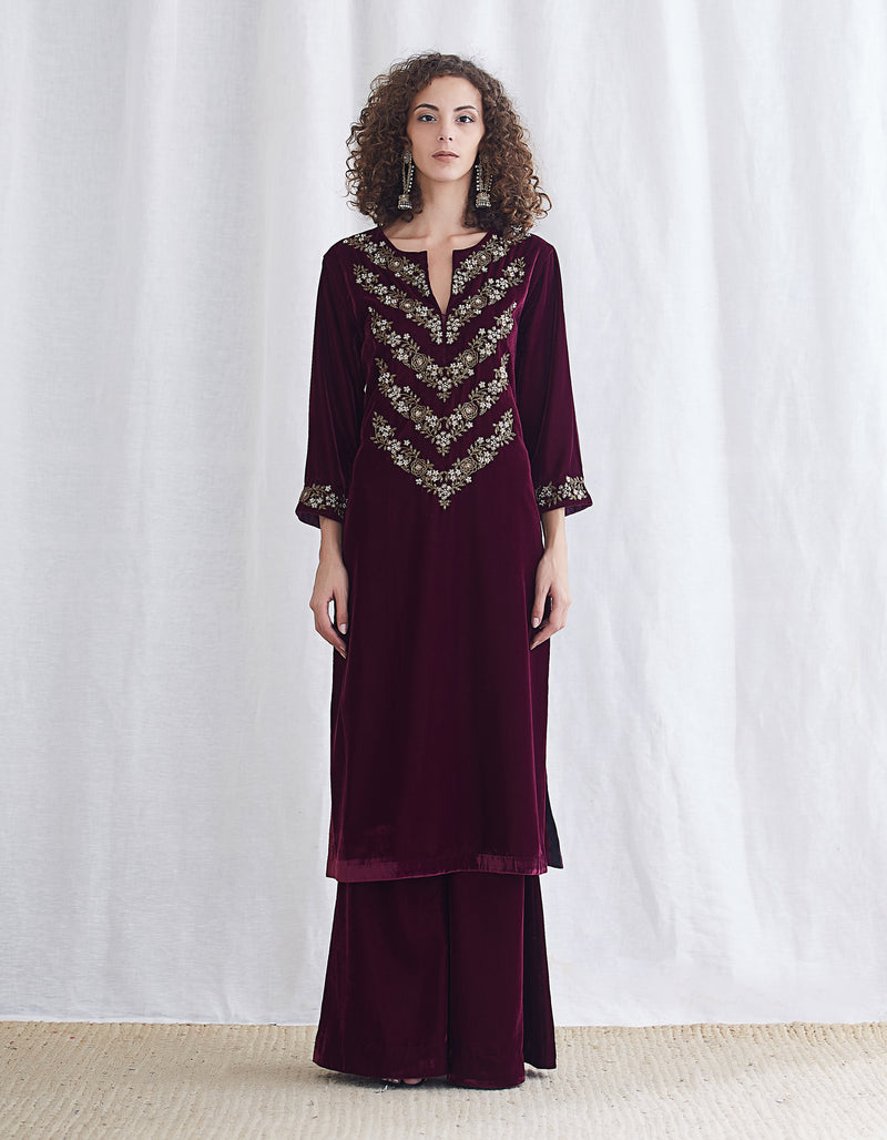 Burgundy Embroidered Kurta Set