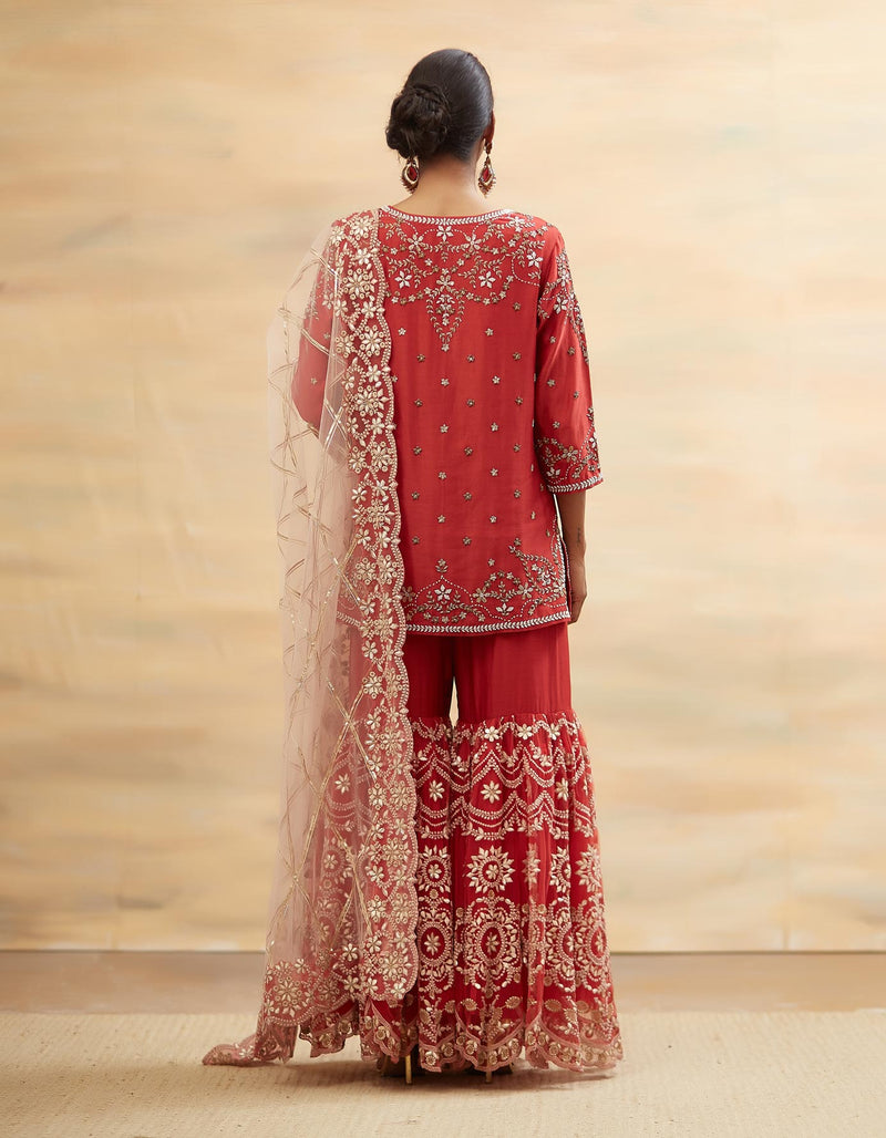 Red Hand Embroidered Festive Short Kurta Set