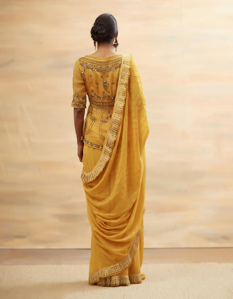 Yellow Hand Embroidered Festive Saree Set