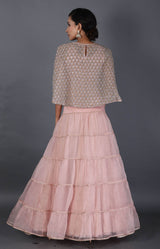 Candy Pink Hand Embroidered Circular Cape Paired With Tiered Skirt