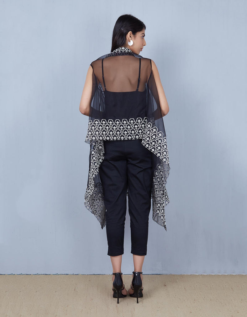 Black Organza Cape with Resham Embroidery
