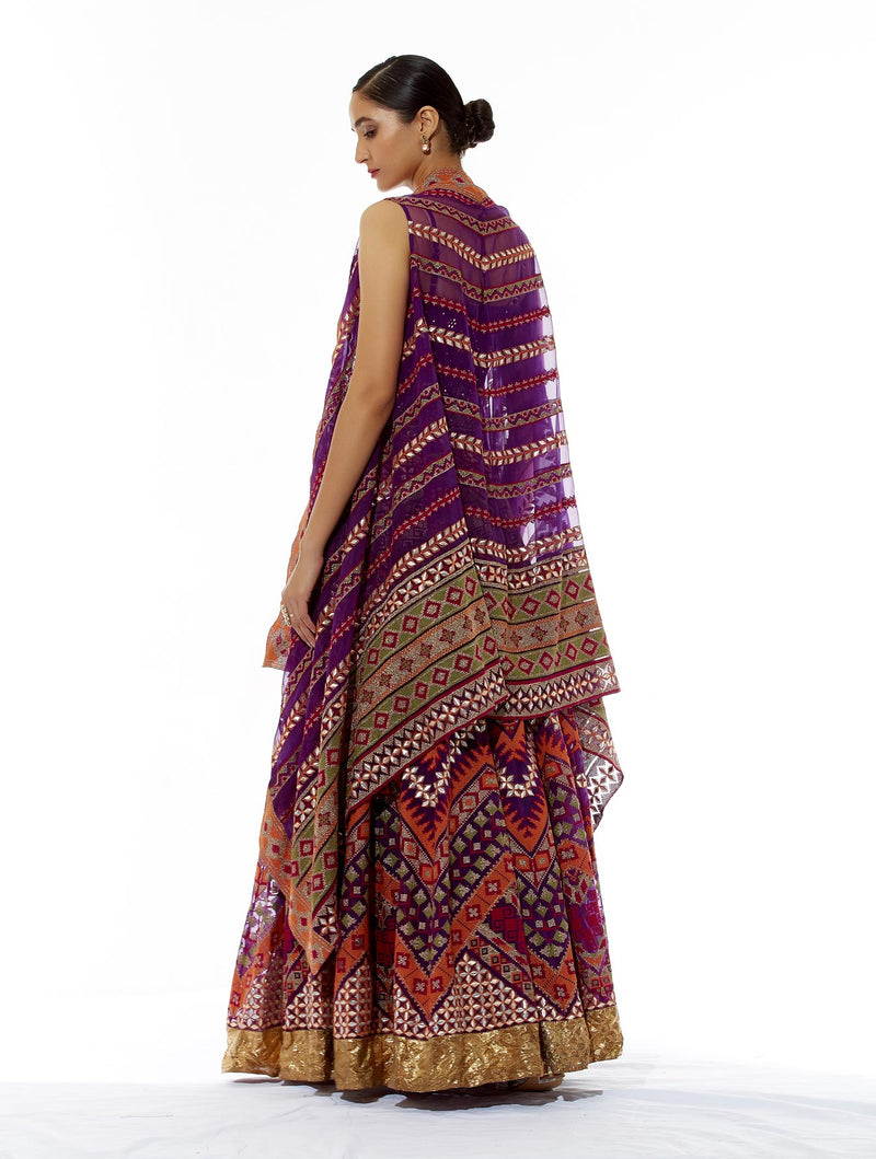 Purple Cape with Skirt Set with Gota Patti and Cross Stitch Embroidery