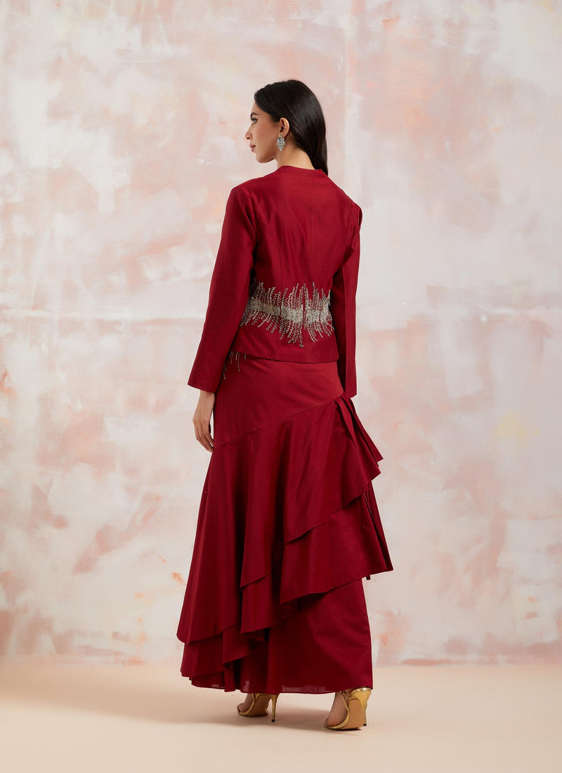 Red Chanderi Jacket With Skirt