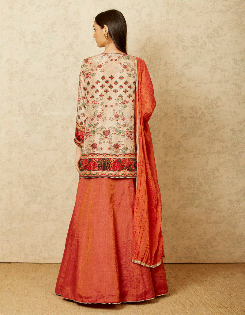 Beige and Maroon Printed Chintz Lehenga Set