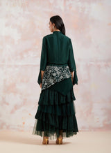 Green Shirt With Cross Stitch Embroidered Layered Skirt