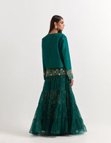 Green Jacket With Tiered Skirt In Silk and Organza