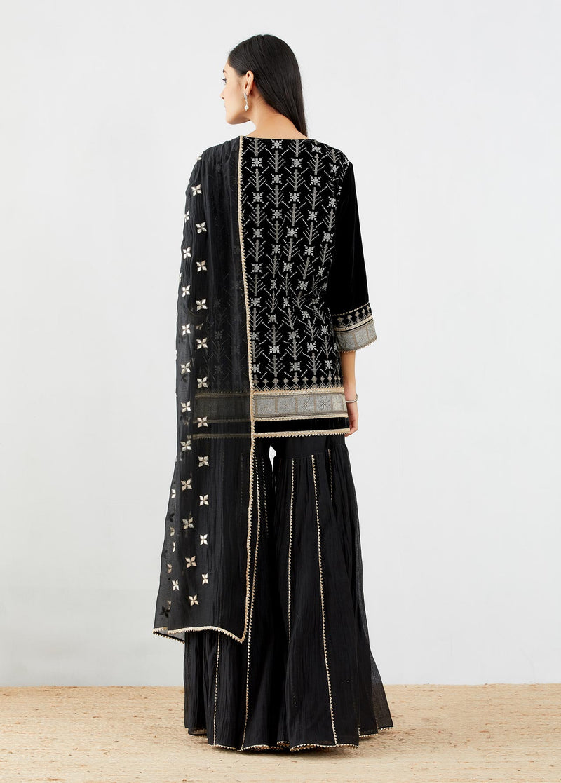Black Panelled Sharara Set with Embroidery