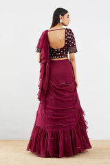 Wine Pre Stitched Saree Set