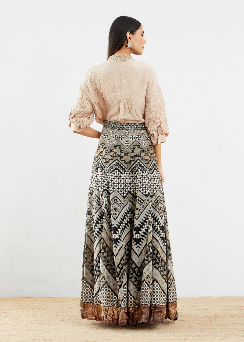 Black and Beige Embroidered Skirt Set