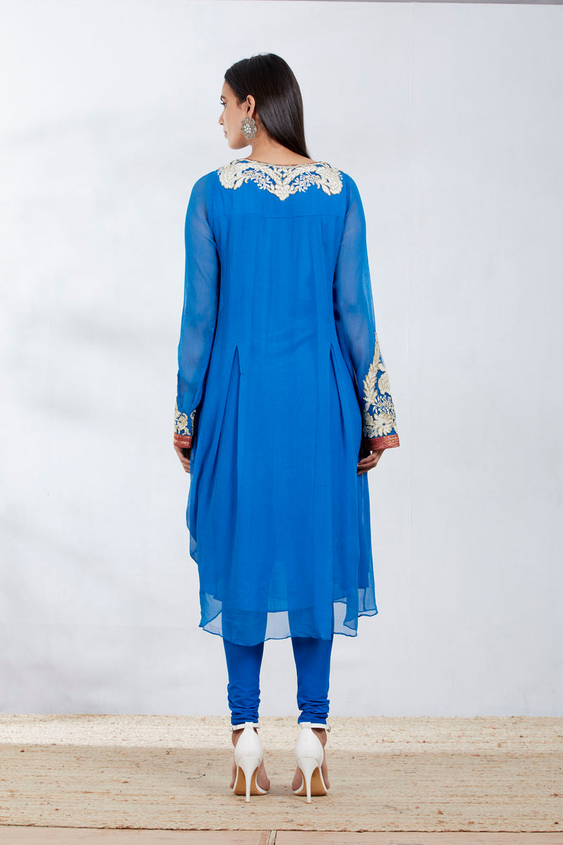 Persian Blue Silk Chiffon Draped Kurta Set