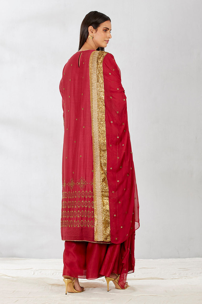 Red Long Kurta With Chanderi Pants And Georgette Dupatta