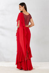 Scarlet Blouse With Pre-Stitched Saree