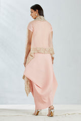 Peach Organza Cape With Crinkle Dress