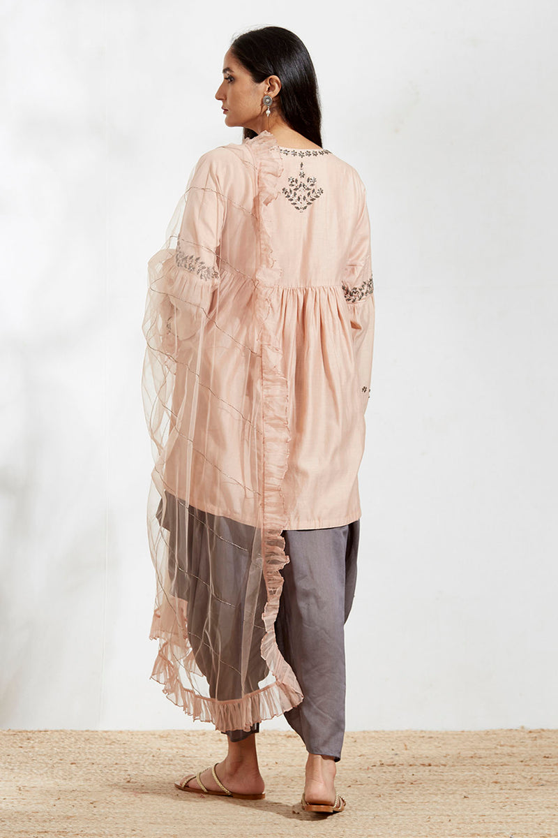 Nude Boho Tunic With Grey Dhoti Pants Set