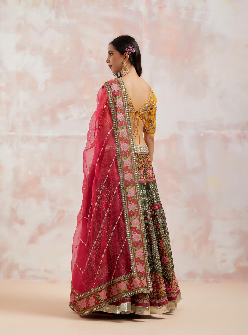 Mustard Yellow Embellished Blouse  With Green Tissue Lehenga Set
