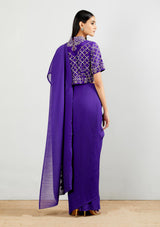Pleated Purple Saree Paired With Silk Blouse In All Over Hand Embroidery