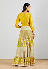 Silk Crop Top in Yellow with Print And Chikankari Embroidery Tiered Skirt