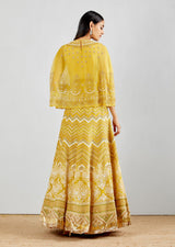 Yellow Cape Paired With Gotta Pati Cross Stitch Embroidered Skirt