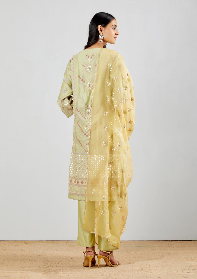 Sage Green Gota Patti Embroidered Straight Kurta With Slim Fit Pants And Yellow Dupatta