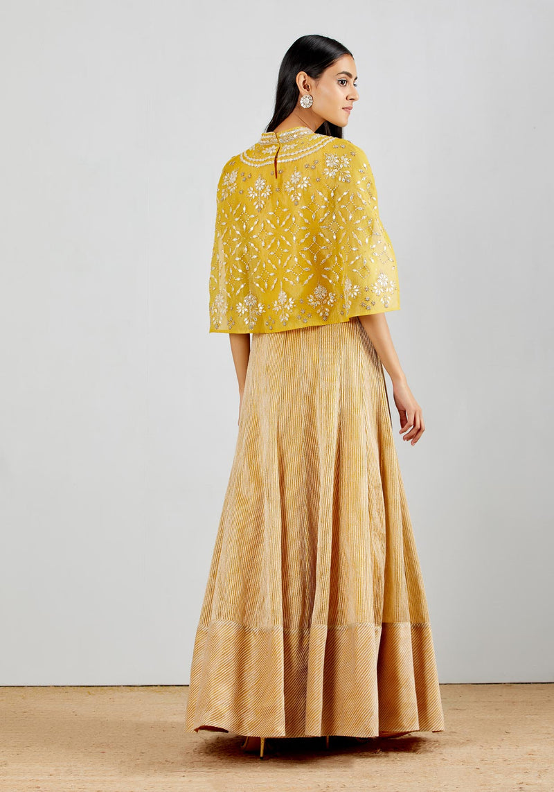 Yellow Organza Cape With Gold Textured Paneled Skirt