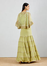 Sage Green Circular Cape In Intricate Hand Embroidery With Tiered Skirt