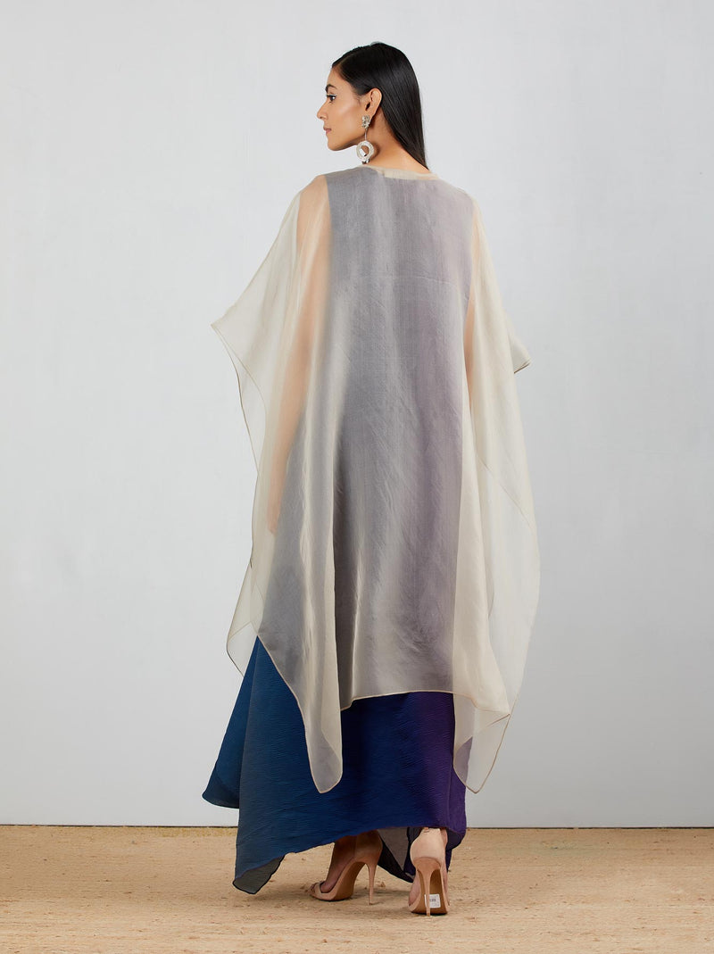 Blue-Purple Shaded Crinkle Crepe Dress With Cape