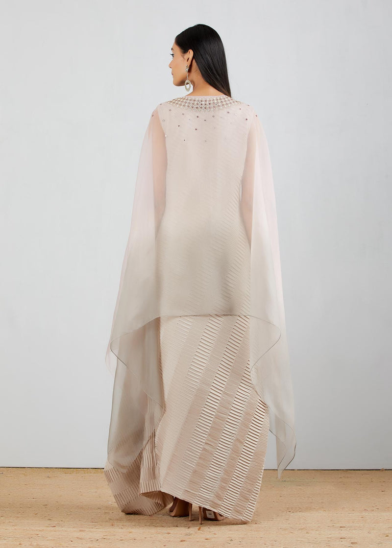 Pearl Grey Crinkle Dress With Front Open Cape