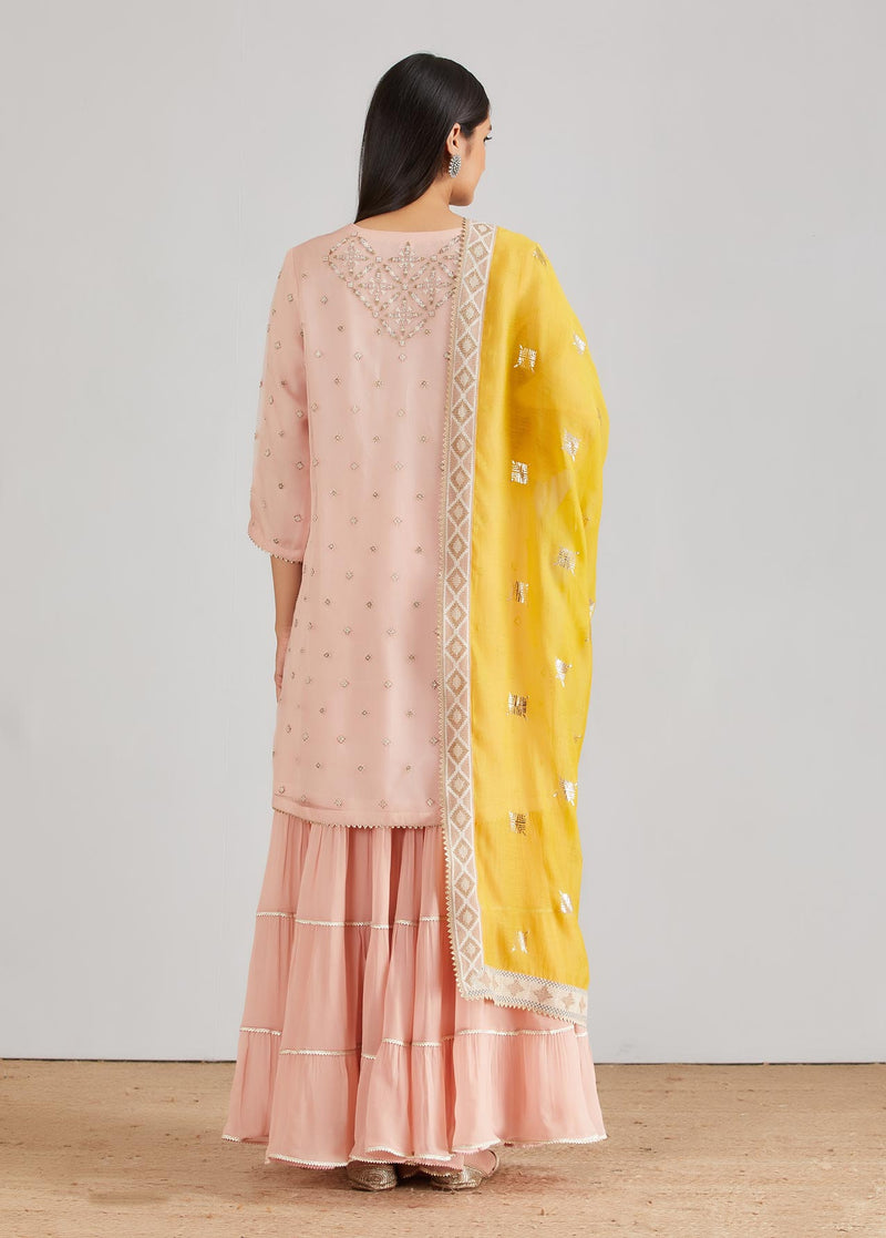 Pink Organza Silk Kurti Top with Sharara and Dupatta