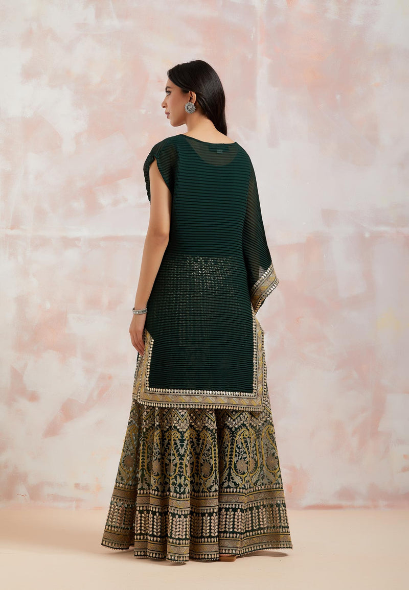 Bottle Green Asymmetric Crinkle Georgette Cape  With Sharara