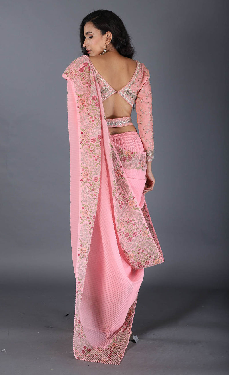 Candy Pink Printed Crinkled Saree With Blouse